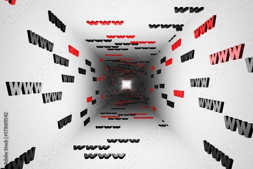WWW symbols sign in white tunnel background 3d render. Hypertext transfer protocol secure web 3