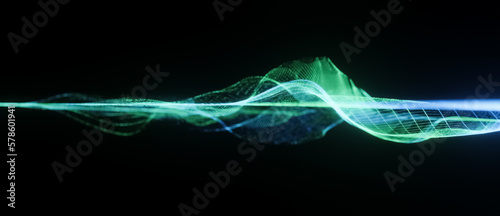 Green and blue sound waves, illustration of abstract wireframe, visualization of frequency signals audio wavelengths, conceptual futuristic technology waveform background with copy space for text photo