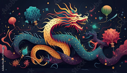 Fotografering Flat illustration style , Happy chinese new year 2024 , the dragon zodiac, ballo