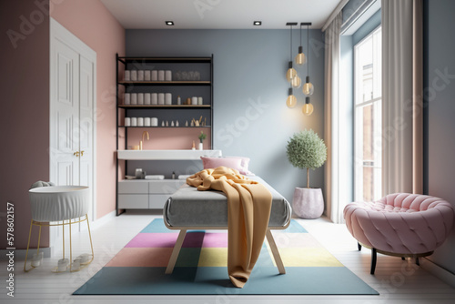 Beauty salon, interior design with massage couch, pastel colors, super photo realistic background, generative ai