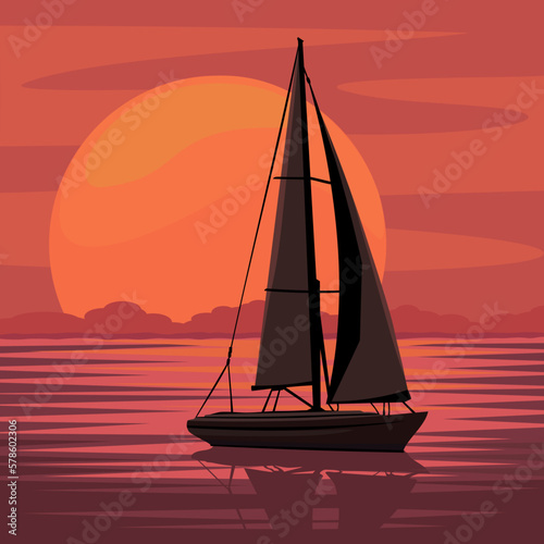 Sailboat at sunset, vector illustration, scenic nature seascape.