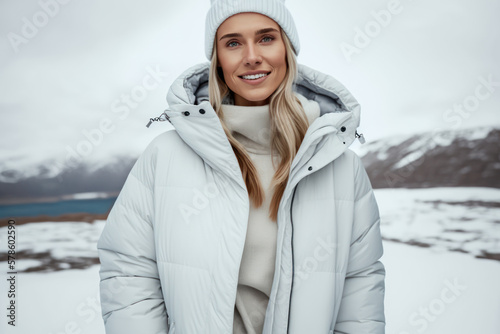 A beautiful blonde in a blue down jacket and a hat against the backdrop of snowy mountains. Photorealistic drawing generated by AI.