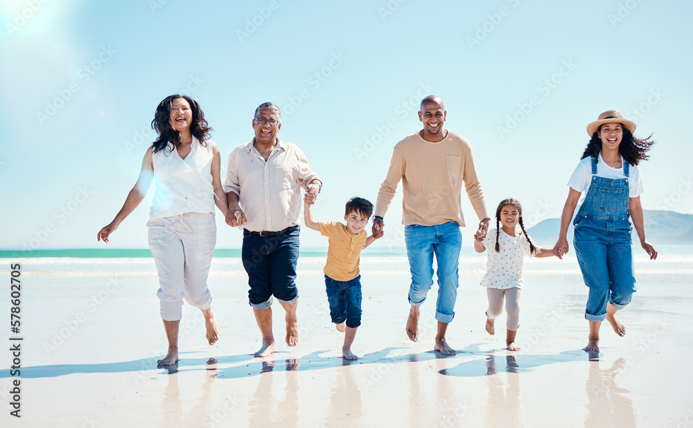 Portrait, family holding hands and walking on beach, quality time and bonding together. Face, parents and children with grandchildren, seaside vacation and holiday with happiness, love and traveling