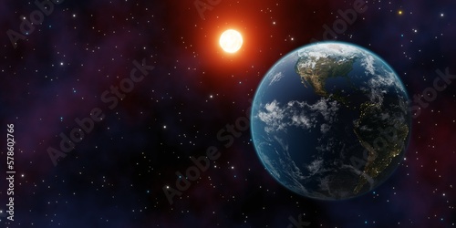 Fototapeta Naklejka Na Ścianę i Meble -  World planet satellite, Stars, nebula and galaxy 3d render. Concept of climate change, dark night, cities lights, sunrise. Beautiful 3d earth planet. Sunrise from outer space