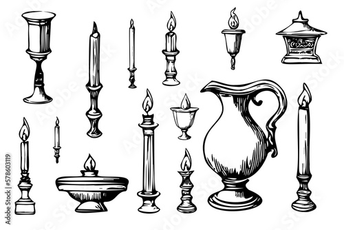 Retro writing set. Isolated flat old writing accessories sketch collection. Retro ink, antique feather pen, quill, inkwell, paper with text, book, candle, kerosene lamp. Literature vector illustration