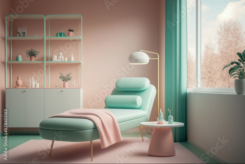 Beauty salon, interior design with massage couch, pastel colors, super photo realistic background, generative ai
