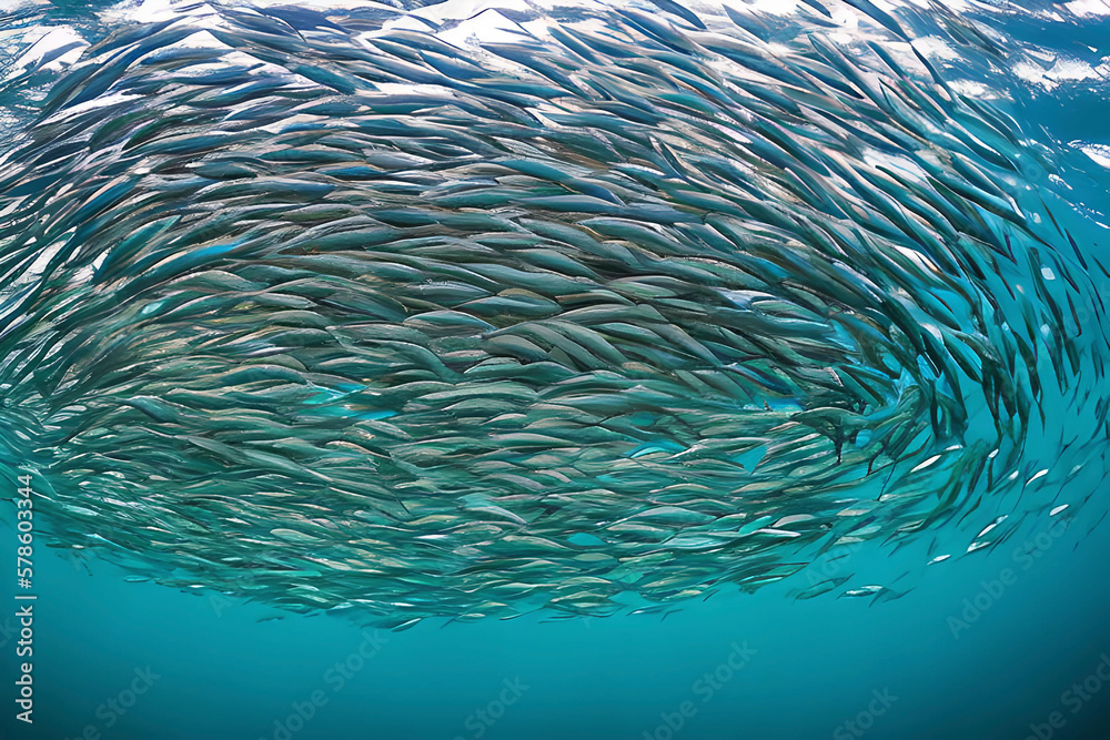 AI generated image of fishes schooling in the ocean. Schooling means