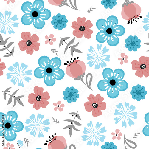 Colorful seamless pattern with flowers and leaves. Summer floral repeat background for fabrics or wallpapers.