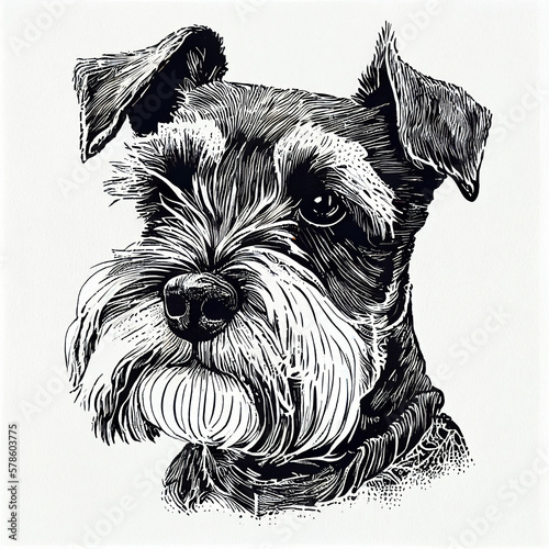 Schnauzer Dog portrait illustration, detailed black and white art, created with Generative AI photo