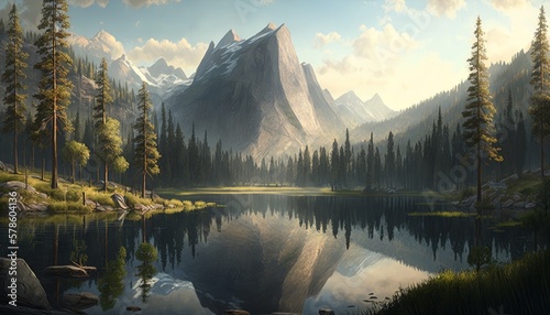 Mountain lake with reflection in the water. Generative AI
