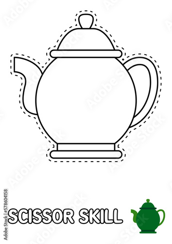 Scissor skill page with Tea Pot for kids