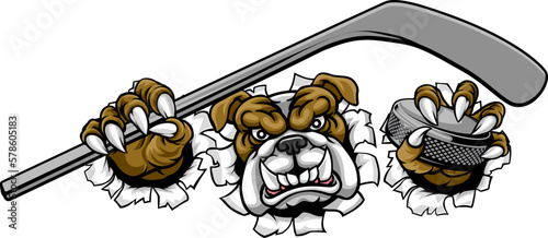 A bulldog ice hockey player animal sports mascot holding a hockey stick and puck