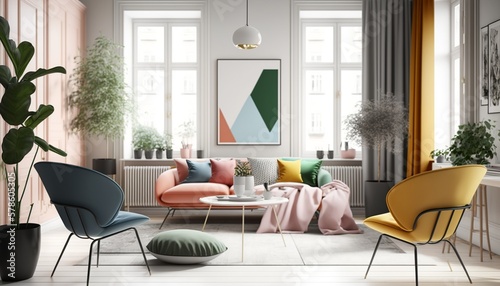 Bright and colorful scandinavian interior style living room with sofa, armchair and coffee table. Generative AI © Csaba