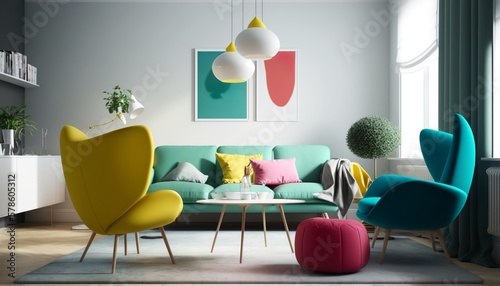 Bright and colorful scandinavian interior style living room with sofa, armchair and coffee table. Generative AI