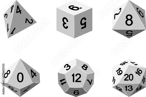 A set of common game dice used for roleplaying RPG or fantasy tabletop board games photo
