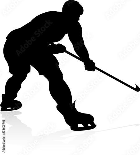 A detailed silhouette ice hockey player sports illustration