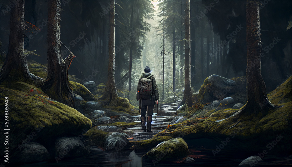 A solitary trek discovering the forest alone, alone person in misty forest, generative ai
