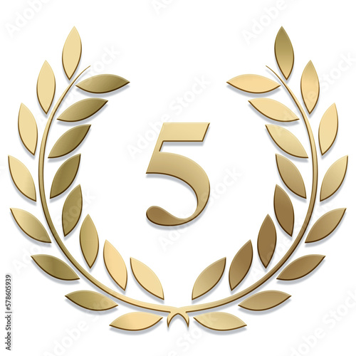 3D Gold PNG laurel wreath number 5 isolated 