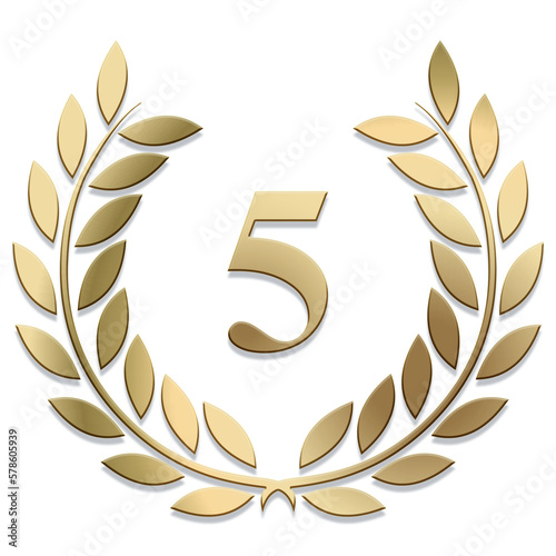 3D Gold PNG laurel wreath number 5 isolated	