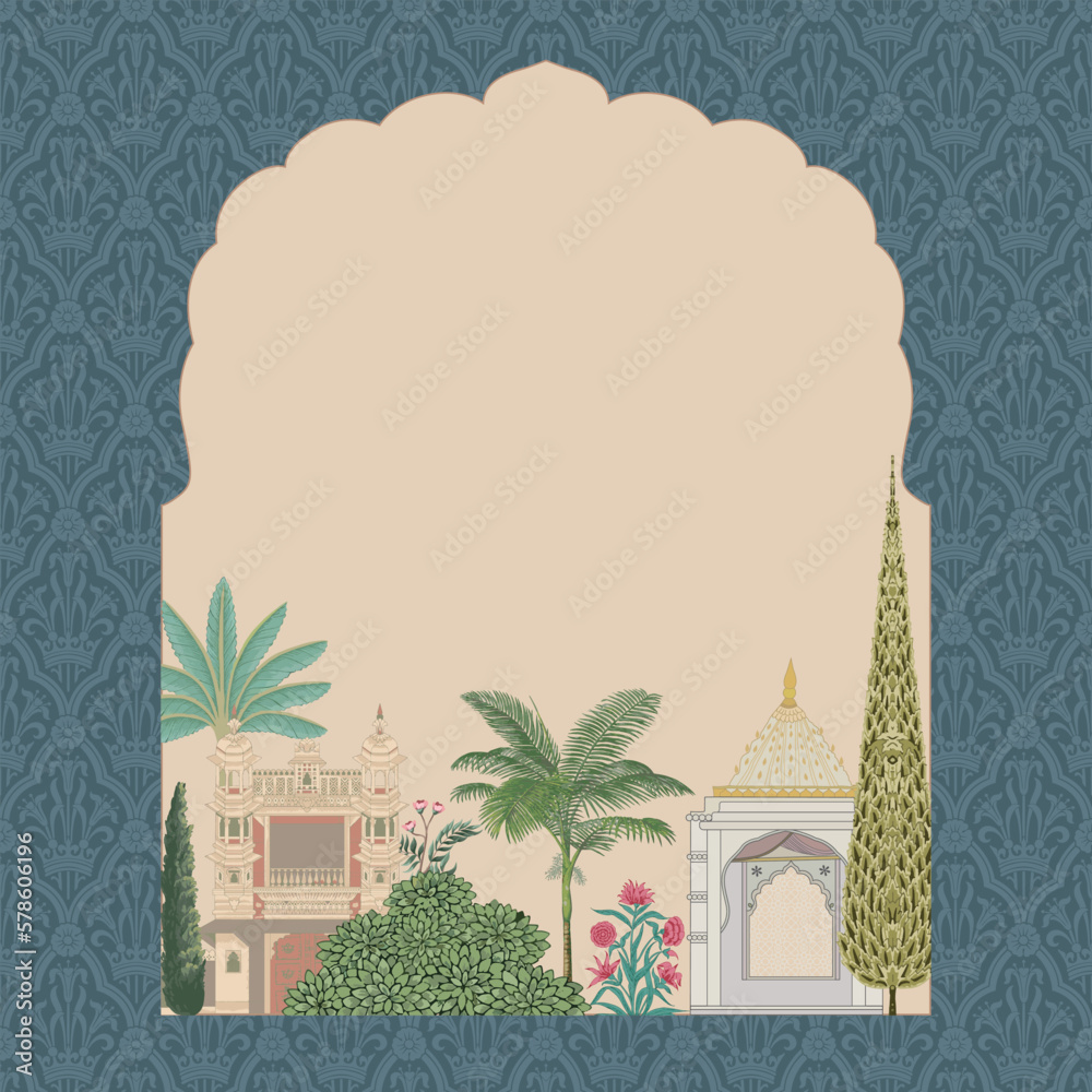 Traditional Mughal garden arch, plant, temple illustration for invitation. printable design - obrazy, fototapety, plakaty 