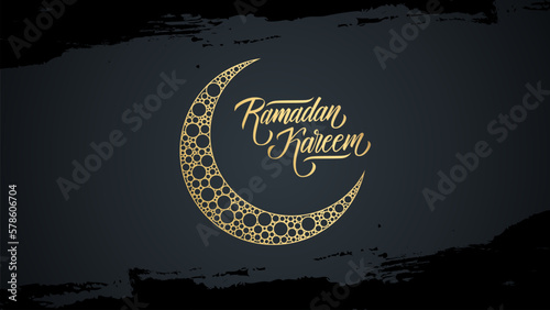 Ramadan Kareem celebration banner with hand lettering, gold crescent moon and black brush strokes for Ramadan holiday greetings. Muslim holy month. Vector illustration.