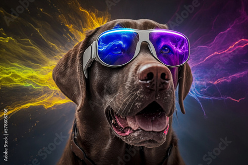 Chic dog, glasses, funny, fashion, wallpaper, poster. Generative AI.. © Gassenee