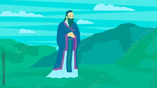 Cartoon Color Character Man Confucius East Asian Philosopher Concept on a Chinese Traditional Landscape Scene Flat Design Style. Animation Effect Illustration photo