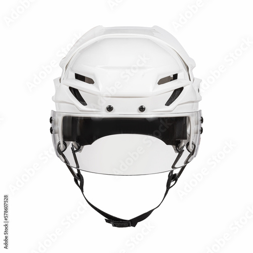 White Protective Ice Hockey Helmet with Transparent Plastic Visor on White Background