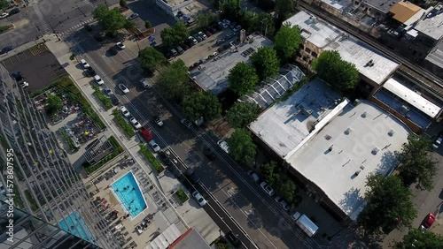 Birds Eye Aerial View of Chicago USA, Wabash Avenue Traffic, Residences and Buildings on Summer Day photo