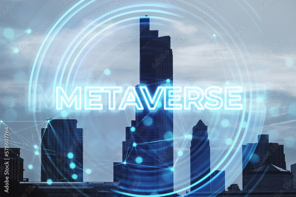 Glowing round circuit metaverse hologram on blurry city background. Double exposure. Glowing round circuit metaverse hologram on blurry city background. Double exposure.