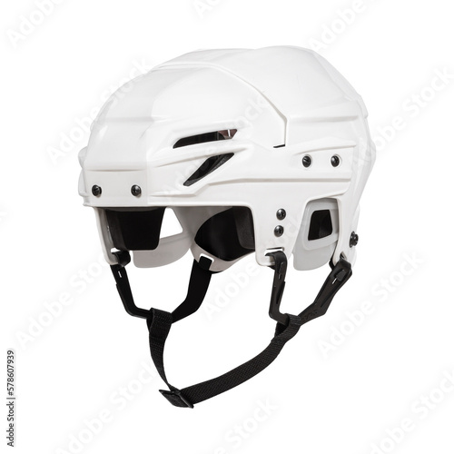 White plastic protective helmet for ice hockey on a white background without shadow