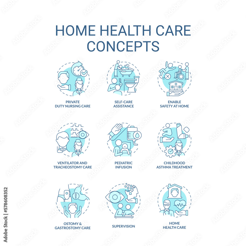 Home health care blue concept icons set. Medical services providers. Nursing idea thin line color illustrations. Isolated symbols. Editable stroke. Roboto-Medium, Myriad Pro-Bold fonts used