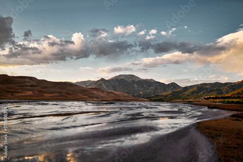 Mountain landscape with lake at sunset time. Russia, Siberia, Altai mountains.
