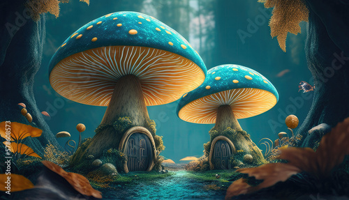 Fantastic color rainbow glowing mushrooms in a mysterious dark forest close-up. Beautiful macro shot of a magic mushroom, fungus. Art design border. Magic light. Generative AI