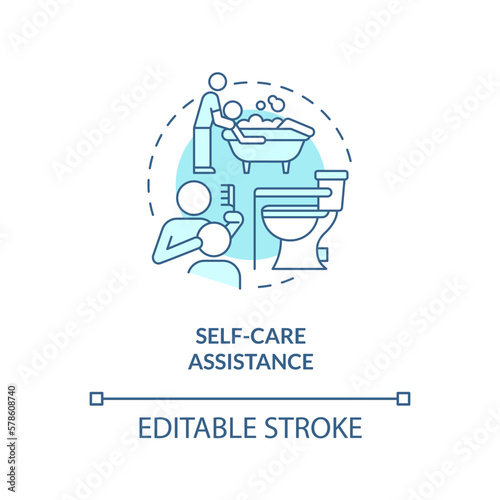 Self-care assistance blue concept icon. Personal care and companionship service abstract idea thin line illustration. Isolated outline drawing. Editable stroke. Arial, Myriad Pro-Bold fonts used