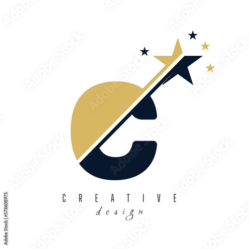 Initial C monogram letter alphabet with swoosh and star logo icon. Abstract star logo sign symbol design. Modern vector logo for business and company