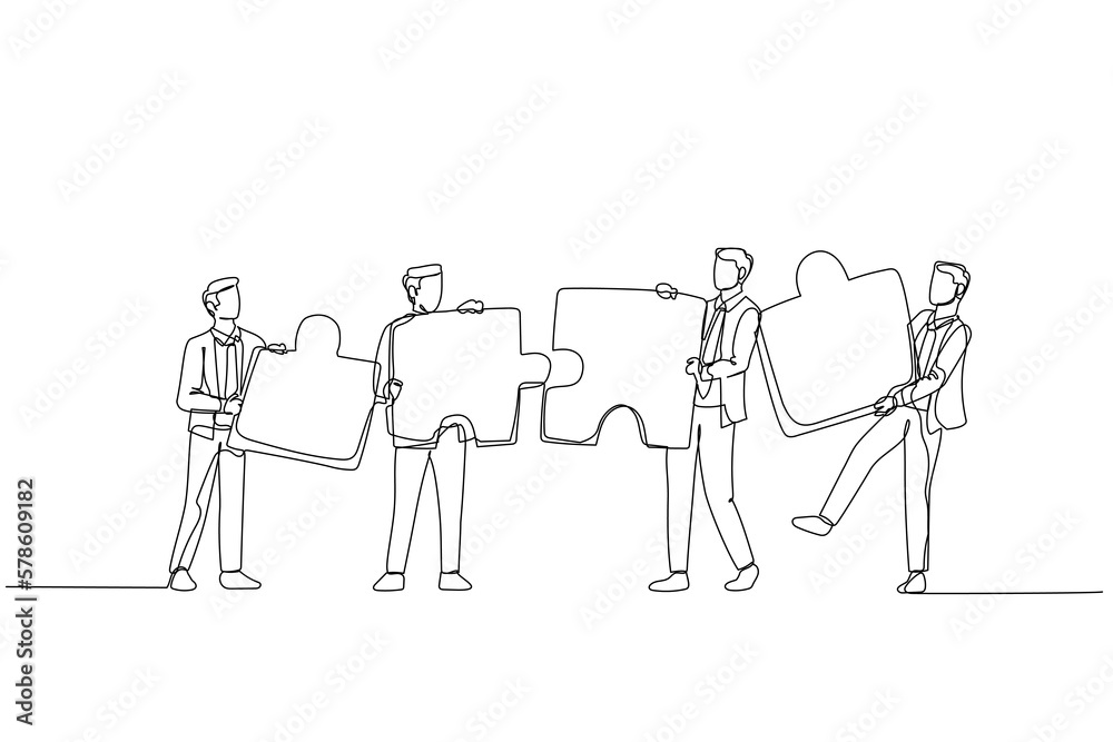 Drawing of businessman standing with puzzle in hand. Concept of cooperation. Continuous line art style Drawing of businessman standing with puzzle in hand. Concept of cooperation. Continuous line art style