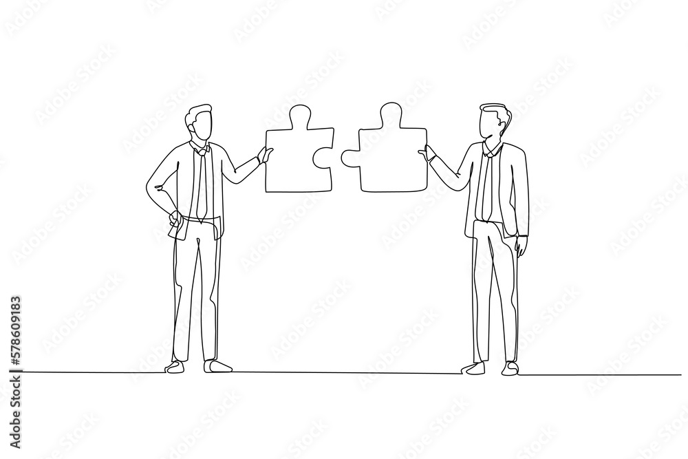 Drawing of businessman with friend connecting the puzzle. Concept of networking. Single continuous line art style Drawing of businessman with friend connecting the puzzle. Concept of networking. Single continuous line art style