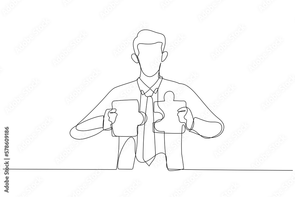 Cartoon of businessman connecting two puzzle pieces. Concept of creative solution. One line art style