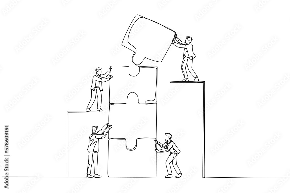 Cartoon of Business concept. Team metaphor. people connecting puzzle elements. Vector illustration flat design style. Symbol of teamwork, cooperation, partnership vector. One continuous line art style Cartoon of Business concept. Team metaphor. people connecting puzzle elements. Vector illustration flat design style. Symbol of teamwork, cooperation, partnership vector. One continuous line art style