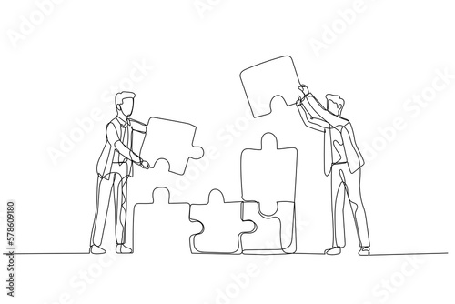 Illustration of businessman making puzzle tower. Concept of teamwork. Single line art style