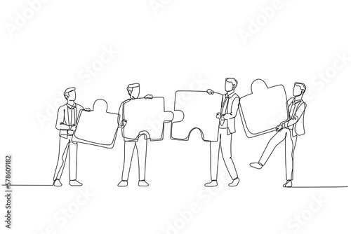 Drawing of businessman standing with puzzle in hand. Concept of cooperation. Continuous line art style