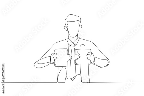 Cartoon of businessman connecting two puzzle pieces. Concept of creative solution. One line art style