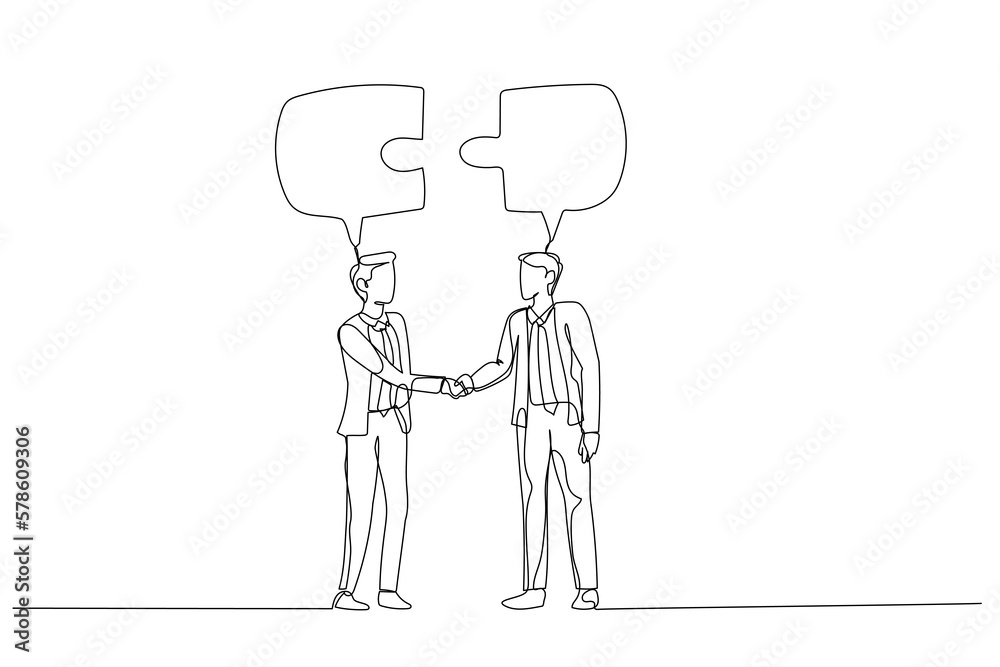 Drawing of businessman with business partner connect chat bubble. Concept of discussion. Continuous line art Drawing of businessman with business partner connect chat bubble. Concept of discussion. Continuous line art