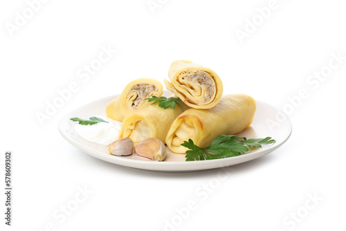 Obraz na płótnie Concept of tasty food, thin pancakes with filling, isolated on white background