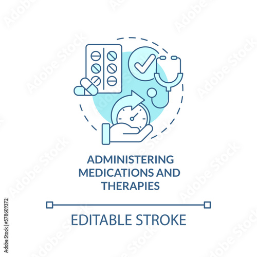 Administering medications and therapies blue concept icon. Private duty nursing care abstract idea thin line illustration. Isolated outline drawing. Editable stroke. Arial, Myriad Pro-Bold fonts used