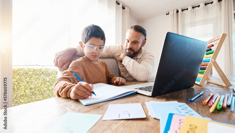 Learning, math education and father with kid in home with book for studying, homework or homeschool. Development, growth and boy with man teaching him how to count, numbers and elearning with laptop. - obrazy, fototapety, plakaty 