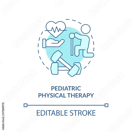Pediatric physical therapy blue concept icon. Home health care for kid abstract idea thin line illustration. Isolated outline drawing. Editable stroke. Arial, Myriad Pro-Bold fonts used