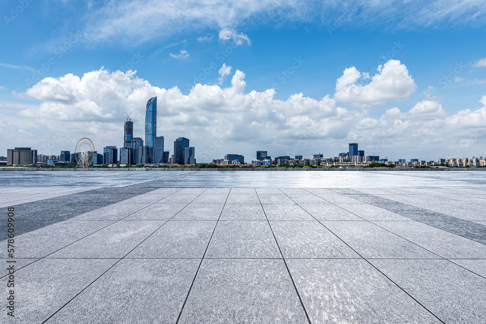 Panoramic skyline and modern buildings with empty floor in Suzhou, China.