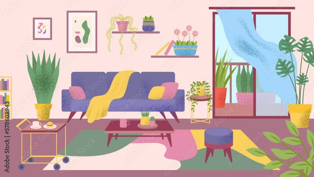 Cartoon Color Modern Living Room Interior Inside Concept Flat Design ...